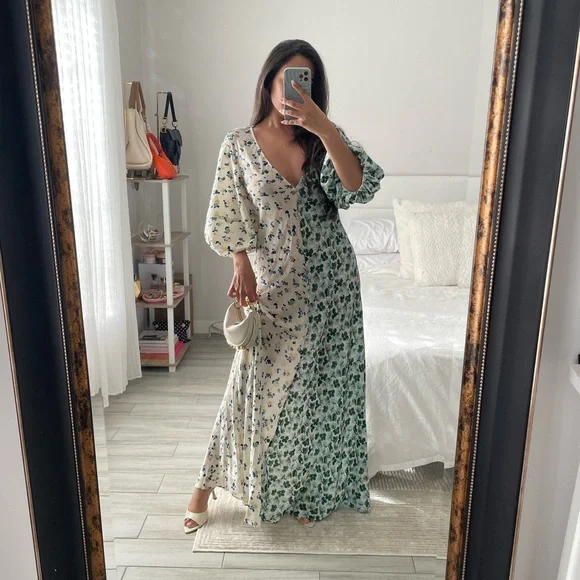 Lee Mathews Eloise Contrast Two-Tone Floral Maxi w/ Puff Sleeves - Picture 4 of 10